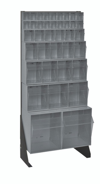 QFS148-38GY Tip Out Bin Floor Stand, single sided, 10"D x 23-5/8"W x 52"H, includes: (1) QTB302, (1) QTB303, (1) QTB304, (1) QTB305, (1) QTB306 and (2) QTB309 gray bins, 14 gauge steel, black coated finish