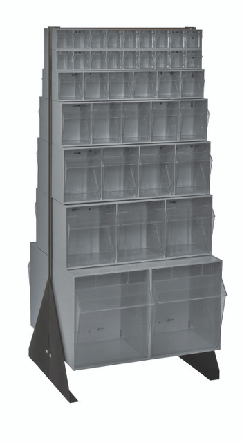 QFS248-76GY Tip Out Bin Floor Stand, double sided, 20-1/4"D x 23-5/8"W x 52"H, includes: (2) QTB302, (2) QTB303, (2) QTB304, (2) QTB305, (2) QTB306 and (4) QTB309 gray bins, 14 gauge steel, black coated finish