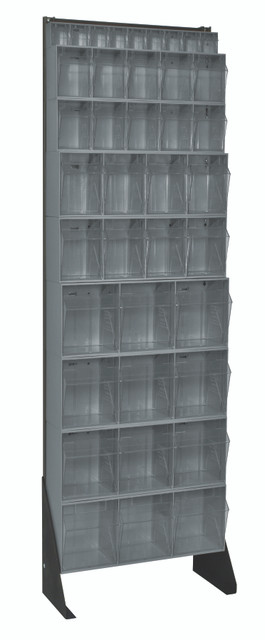QFS170-36GY Tip Out Bin Floor Stand, single sided, 10"D x 23-5/8"W x 75"H, includes: (4) QTB303, (2) QTB304, (2) QTB305 and (1) QTB306 gray bins, 14 gauge steel, black coated finish