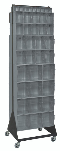 QFS270-72+QFS400GY Tip Out Bin Floor Stand, double sided, mobile, 20-1/4"D x 23-5/8"W x 78"H, 500 lbs. load capacity, includes: (8) QTB303, (4) QTB304, (4) QTB305, (2) QTB306 gray bins and mobile kit, 14 gauge steel, black coated finish