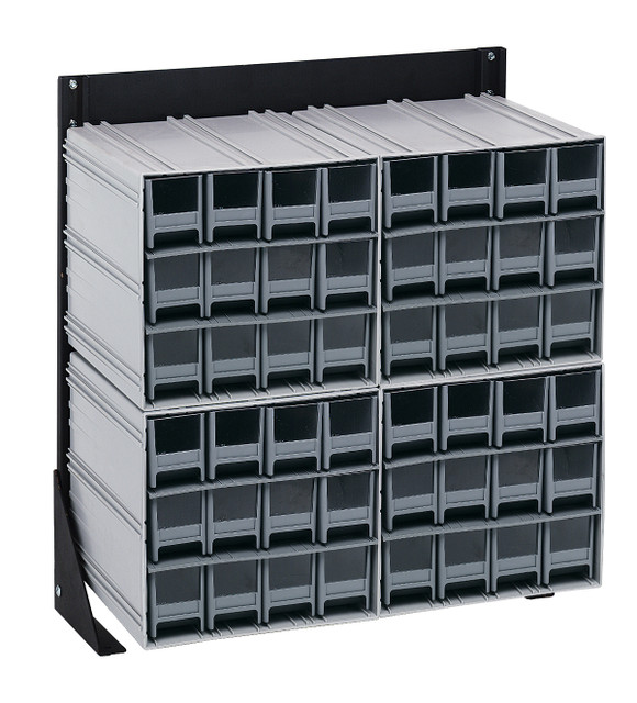 QIC-124-122GY Interlocking Storage Cabinets Floor Stand, single sided, 12"D x 23-5/8"W x 28"H, 300 lbs. load capacity, includes: (4) QIC-122, (48) gray drawers, 14 gauge steel, black coated finish