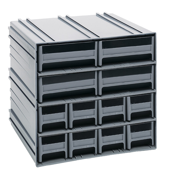 QIC-8143GY Interlocking Storage Cabinets, 11-3/8"D x 11-3/4"W x 11"H, includes: (8) IDR201 and (4) IDR203, windows and (2) dividers per drawer, cabinets interlock horizontally and vertically or can be mounted on wall, gray drawers