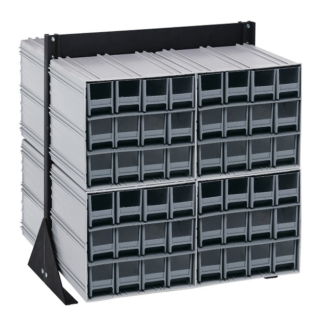 QIC-224-122GY Interlocking Storage Cabinets Floor Stand, double sided, 24"D x 23-5/8"W x 28"H, 750 lbs. load capacity, includes: (8) QIC-122, (96) gray drawers, 14 gauge steel, black coated finish