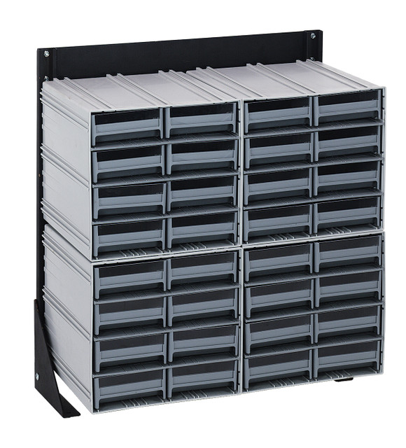 QIC-124-83GY Interlocking Storage Cabinets Floor Stand, single sided, 12"D x 23-5/8"W x 28"H, 300 lbs. load capacity, includes: (4) QIC-83, (32) gray drawers, 14 gauge steel, black coated finish