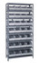 1275-443GY Shelving Unit, 12"D x 36"L x 75"H, heavy duty, 400 lb. load capacity per shelf, includes: (8) shelves, (28) 14"L x 8-1/4"W x 7"H (SSB443) gray black bins, uprights and cross bars, galvanized steel finish