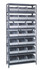 1275-425GY Shelving Unit, 12"D x 36"L x 75"H, heavy duty, 400 lb. load capacity per shelf, includes: (8) shelves, (21) 12"L x 11"W x 7"H (SSB425) gray black bins, uprights and cross bars, galvanized steel finish