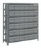 1839-602GY Shelving Unit, 18"D x 36"L x 39"H, heavy duty, 400 lb. load capacity per shelf, includes: (7) shelves, (36) 17-7/8"L x 5-9/16"W x 4-5/8"H (QED602) gray black bins, uprights and cross bars, galvanized steel finish