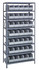 1275-441GY Shelving Unit, 12"D x 36"L x 75"H, heavy duty, 400 lb. load capacity per shelf, includes: (8) shelves, (35) 14"L x 6"W x 7"H (SSB441) gray black bins, uprights and cross bars, galvanized steel finish