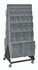 QFS248-76+QFS400GY Tip Out Bin Floor Stand, double sided, mobile, 20-1/4"D x 23-5/8"W x 55"H, 500 lbs. load capacity, includes: (2) QTB302, (2) QTB303, (2) QTB304, (2) QTB305, (2) QTB306, (4) QTB309 gray bins and caster kit, 14 gauge steel