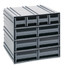 QIC-4163GY Interlocking Storage Cabinets, 11-3/8"D x 11-3/4"W x 11"H, includes: (4) IDR201 and (6) IDR203, windows and (2) dividers per drawer, cabinets interlock horizontally and vertically or can be mounted on wall, gray drawers