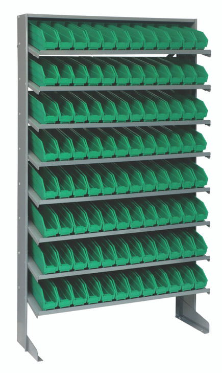QPRS-100GN Pick Rack, slopped, single sided, 12"D x 36"W x 60"H, 400 lbs. capacity, includes: (8) shelves and (96) QSB100 green bins, galvanized steel