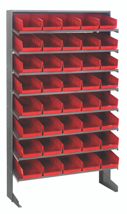 QPRS-102RD Pick Rack, slopped, single sided, 12"D x 36"W x 60"H, 400 lbs. capacity, includes: (8) shelves and (40) QSB102 red bins, galvanized steel