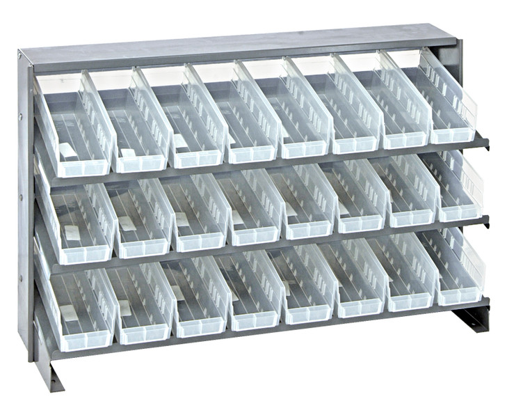 QPRHA-101CL Pick Rack, slopped, bench style, 12-1/2"L x 36"W x 23"H, 250 lbs. capacity, (3) shelves configuration, includes: (24) QSB101 clear bins