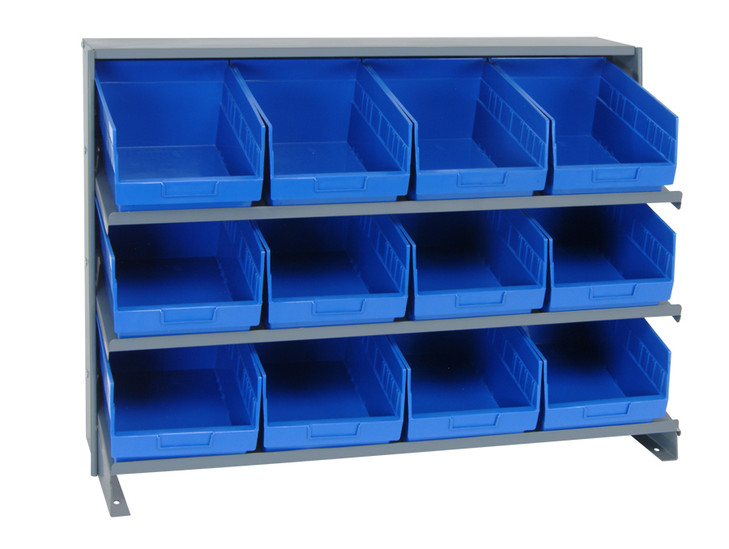 QPRHA-207BL Pick Rack, slopped, bench style, 12-1/2"L x 36"W x 26-1/2"H, 250 lbs. capacity, (3) shelves configuration, includes:: (12) QSB207 blue bins