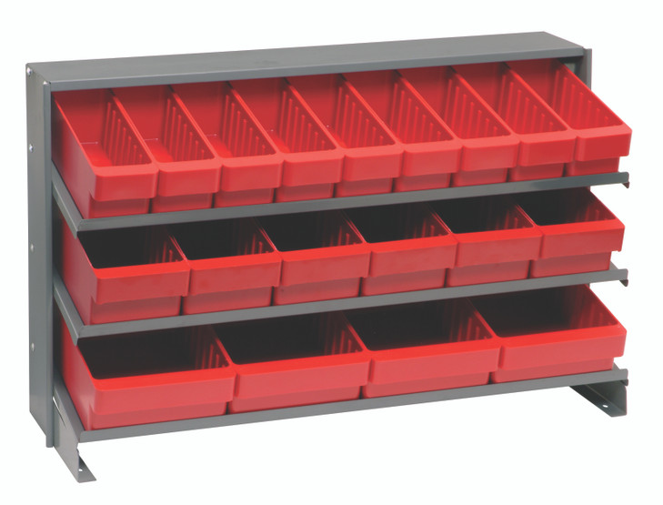 QPRHA-567RD Pick Rack, slopped, bench style, 12-1/2"L x 36"W x 23"H, 250 lbs. capacity, (3) shelves configuration, includes: (27) QED501 red bins