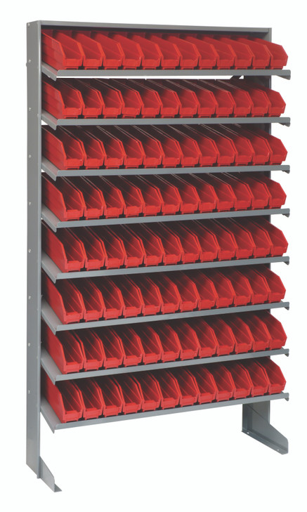 QPRS-100RD Pick Rack, slopped, single sided, 12"D x 36"W x 60"H, 400 lbs. capacity, includes: (8) shelves and (96) QSB100 red bins, galvanized steel