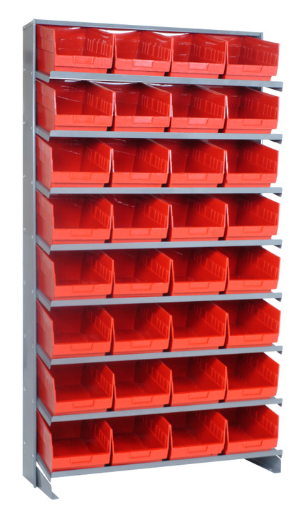 QPRS-207RD Pick Rack, slopped, single sided, 12"D x 36"W x 63-1/2"H, 400 lbs. capacity, includes: (8) shelves and (32) QSB207 red bins, galvanized steel