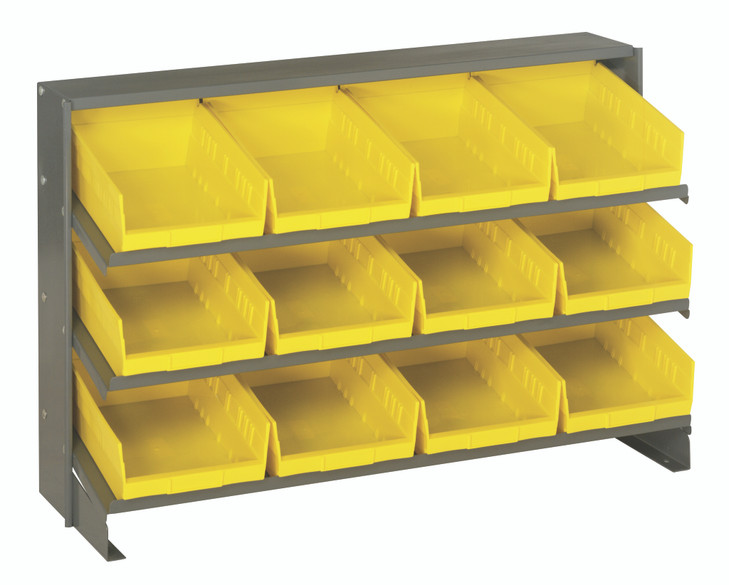 QPRHA-107YL Pick Rack, slopped, bench style, 12-1/2"L x 36"W x 23"H, 250 lbs. capacity, (3) shelves configuration, includes: (12) QSB107 yellow bins