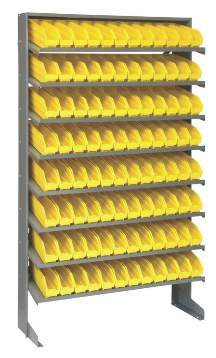 QPRS-100YL Pick Rack, slopped, single sided, 12"D x 36"W x 60"H, 400 lbs. capacity, includes: (8) shelves and (96) QSB100 yellow bins, galvanized steel