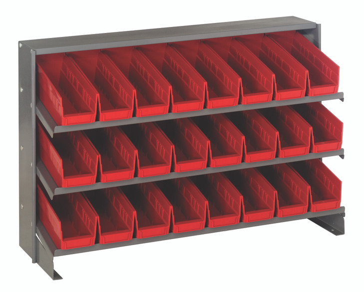 QPRHA-101RD Pick Rack, slopped, bench style, 12-1/2"L x 36"W x 23"H, 250 lbs. capacity, (3) shelves configuration, includes: (24) QSB101 red bins