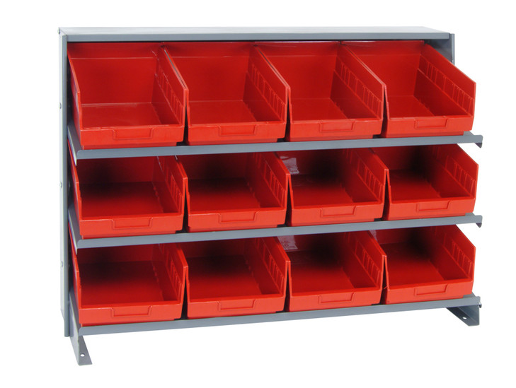 QPRHA-207RD Pick Rack, slopped, bench style, 12-1/2"L x 36"W x 26-1/2"H, 250 lbs. capacity, (3) shelves configuration, includes:: (12) QSB207 red bins