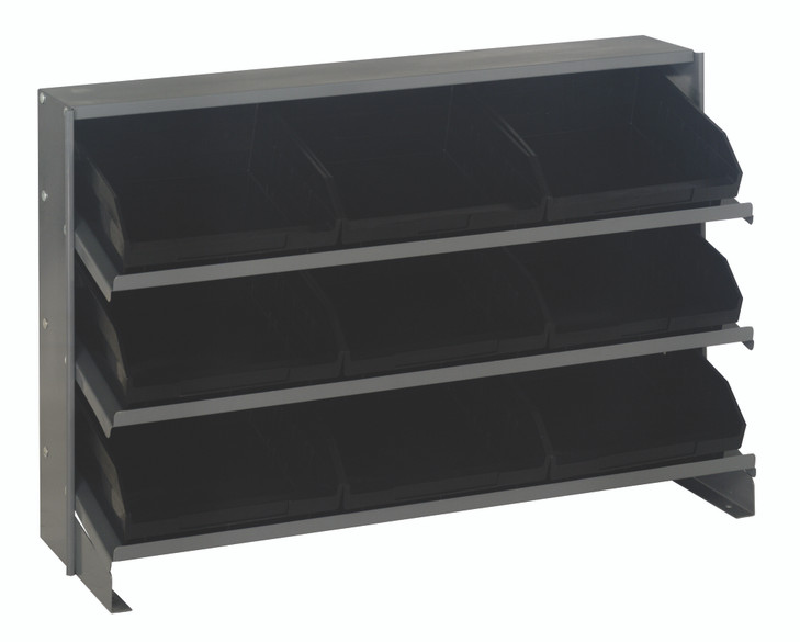 QPRHA-109BK Pick Rack, slopped, bench style, 12-1/2"L x 36"W x 23"H, 250 lbs. capacity, (3) shelves configuration, includes: (9) QSB109 black bins