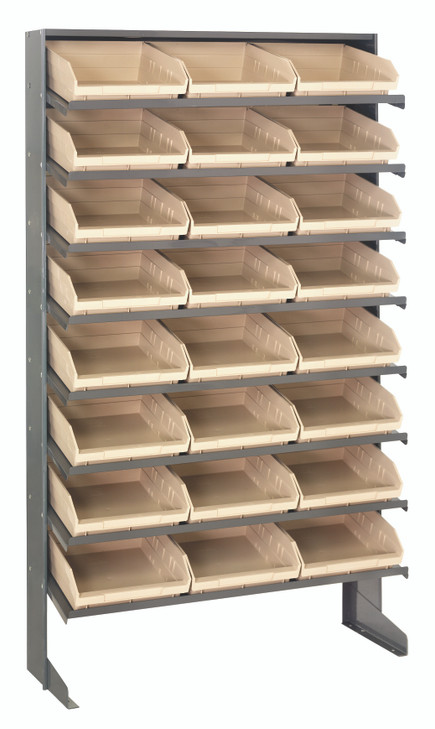 QPRS-109IV Pick Rack, slopped, single sided, 12"D x 36"W x 60"H, 400 lbs. capacity, includes: (8) shelves and (24) QSB109 ivory bins, galvanized steel