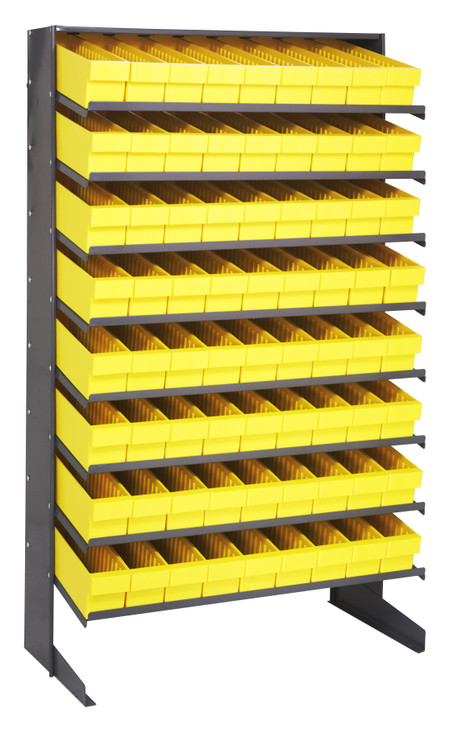 QPRS-604YL Pick Rack, slopped, single sided, 18"D x 36"W x 60"H, 400 lbs. capacity, includes: (8) shelves and (72) QED604 yellow bins, galvanized steel