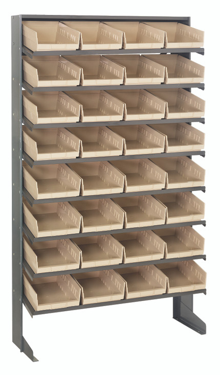 QPRS-107IV Pick Rack, slopped, single sided, 12"D x 36"W x 60"H, 400 lbs. capacity, includes: (8) shelves and (32) QSB107 ivory bins, galvanized steel