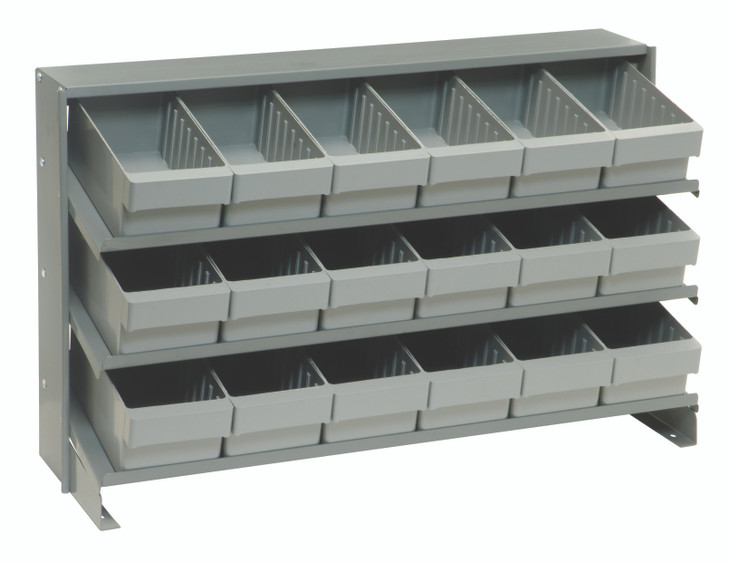 QPRHA-601GY Pick Rack, slopped, bench style, 12-1/2"L x 36"W x 23"H, 250 lbs. capacity, (3) shelves configuration, includes: (18) QED601 gray bins