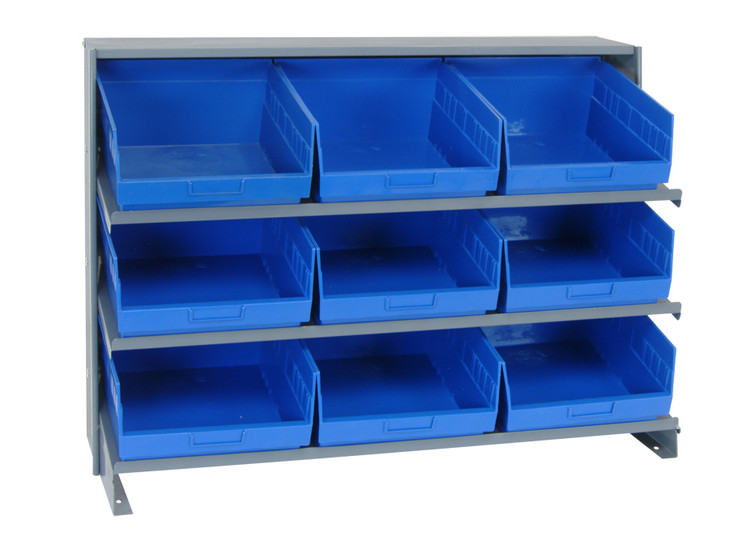 QPRHA-209BL Pick Rack, slopped, bench style, 12-1/2"L x 36"W x 26-1/2"H, 250 lbs. capacity, (3) shelves configuration, includes:: (9) QSB209 blue bins