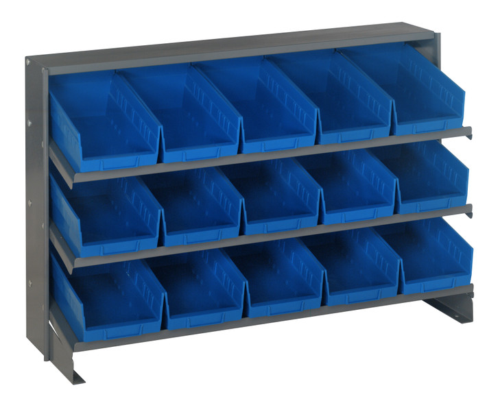 QPRHA-102BL Pick Rack, slopped, bench style, 12-1/2"L x 36"W x 23"H, 250 lbs. capacity, (3) shelves configuration, includes: (15) QSB102 blue bins