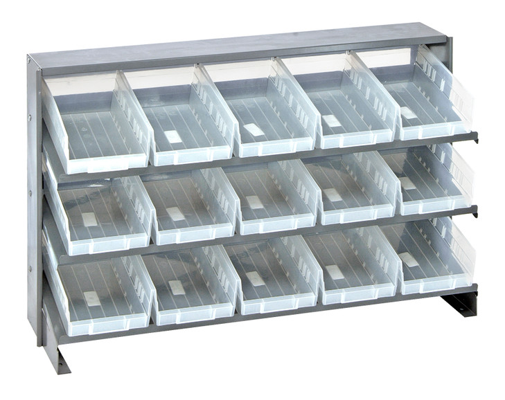 QPRHA-102CL Pick Rack, slopped, bench style, 12-1/2"L x 36"W x 23"H, 250 lbs. capacity, (3) shelves configuration, includes: (15) QSB102 clear bins