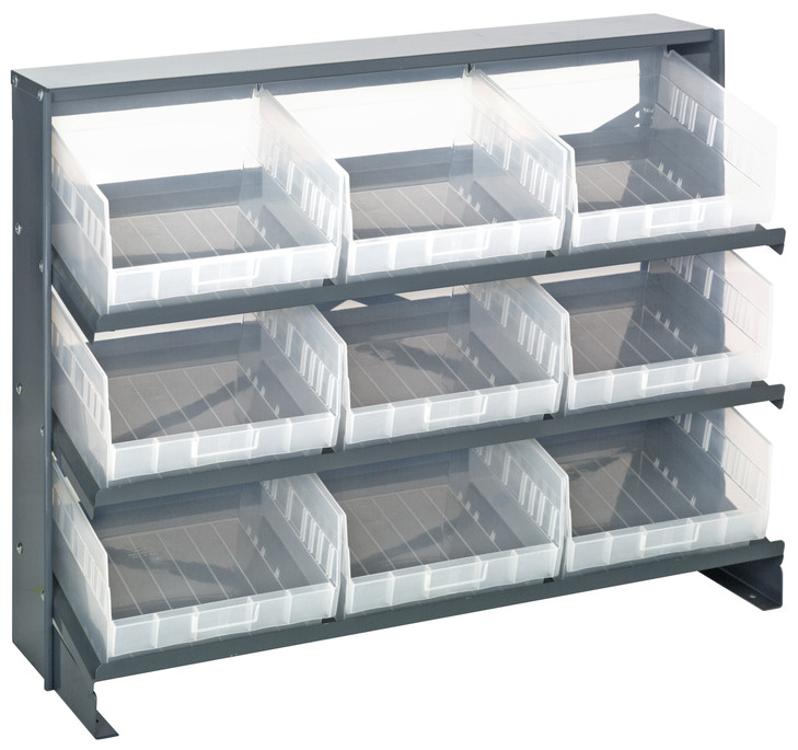 QPRHA-209CL Pick Rack, slopped, bench style, 12-1/2"L x 36"W x 26-1/2"H, 250 lbs. capacity, (3) shelves configuration, includes:: (9) QSB209 clear bins