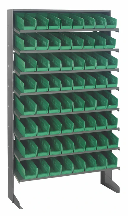 QPRS-101GN Pick Rack, slopped, single sided, 12"D x 36"W x 60"H, 400 lbs. capacity, includes: (8) shelves and (64) QSB101 green bins, galvanized steel