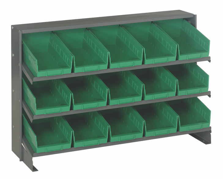 QPRHA-102GN Pick Rack, slopped, bench style, 12-1/2"L x 36"W x 23"H, 250 lbs. capacity, (3) shelves configuration, includes: (15) QSB102 green bins
