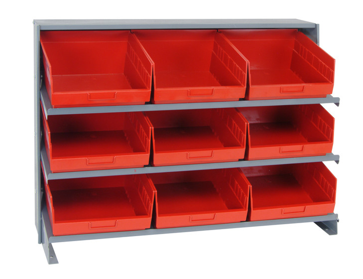 QPRHA-209RD Pick Rack, slopped, bench style, 12-1/2"L x 36"W x 26-1/2"H, 250 lbs. capacity, (3) shelves configuration, includes:: (9) QSB209 red bins