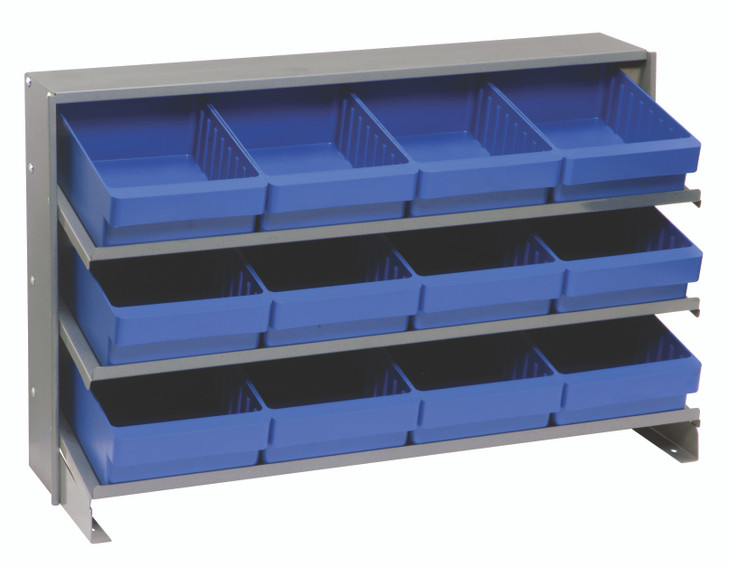 QPRHA-701BL Pick Rack, slopped, bench style, 12-1/2"L x 36"W x 23"H, 250 lbs. capacity, (3) shelves configuration, includes: (12) QED701 blue bins