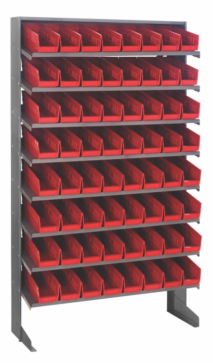 QPRS-101RD Pick Rack, slopped, single sided, 12"D x 36"W x 60"H, 400 lbs. capacity, includes: (8) shelves and (64) QSB101 red bins, galvanized steel