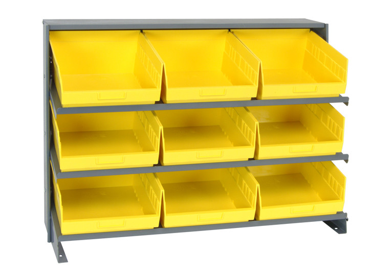 QPRHA-209YL Pick Rack, slopped, bench style, 12-1/2"L x 36"W x 26-1/2"H, 250 lbs. capacity, (3) shelves configuration, includes:: (9) QSB209 yellow bins