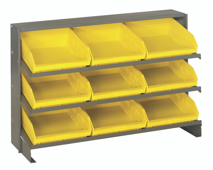 QPRHA-109YL Pick Rack, slopped, bench style, 12-1/2"L x 36"W x 23"H, 250 lbs. capacity, (3) shelves configuration, includes: (9) QSB109 yellow bins