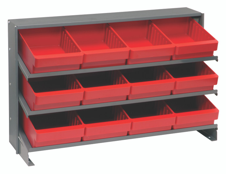 QPRHA-701RD Pick Rack, slopped, bench style, 12-1/2"L x 36"W x 23"H, 250 lbs. capacity, (3) shelves configuration, includes: (12) QED701 red bins