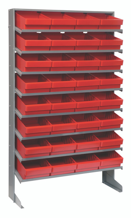 QPRS-701RD Pick Rack, slopped, single sided, 12"D x 36"W x 63-1/2"H, 400 lbs. capacity, includes: (8) shelves and (32) QED701 red bins, galvanized steel