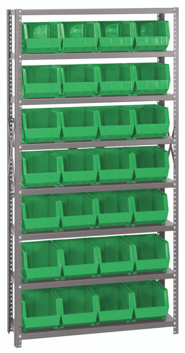 QSBU-239GN Shelving Unit, 12"D x 36"L x 75"H, heavy duty, 400 lb. load capacity per shelf, includes: (8) shelves and (28) QUS239 green bins, uprights and cross bars, galvanized steel finish