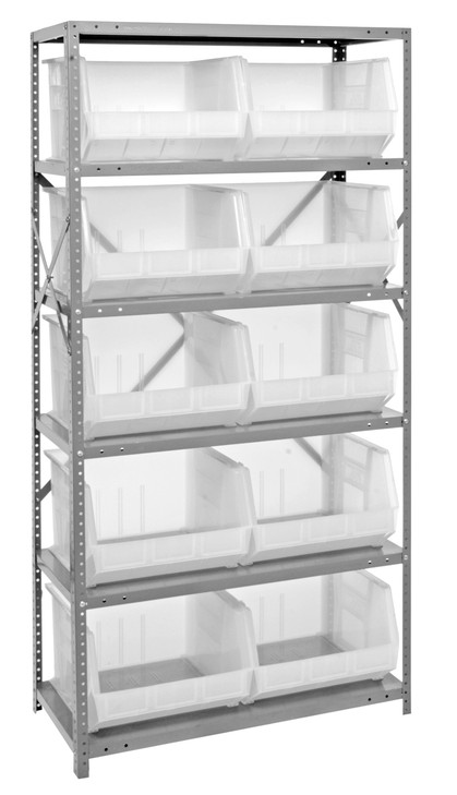QSBU-270CL Shelving Unit, 18"D x 36"L x 75"H, heavy duty, 400 lb. load capacity per shelf, includes: (6) shelves and (10) QUS270 clear bins, uprights and cross bars, galvanized steel finish