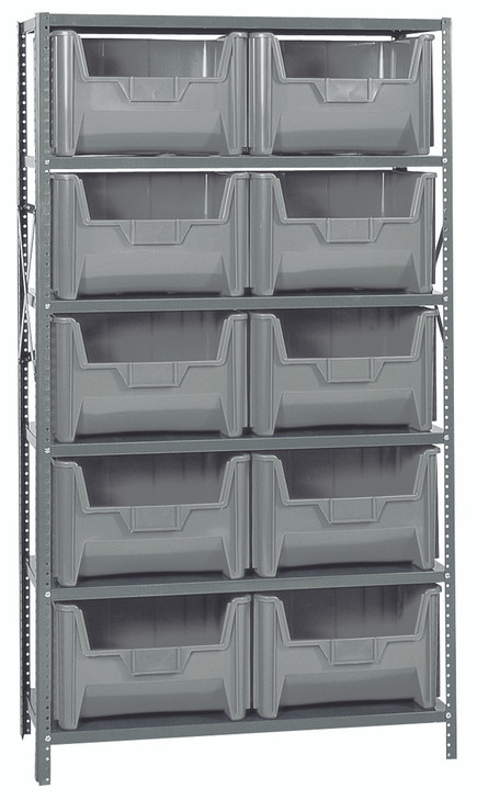 QSBU-700GY Shelving Unit, 18"D x 42"L x 75"H, heavy duty, 400 lb. load capacity per shelf, includes: (6) shelves and (10) QGH700 gray bins, uprights and cross bars, galvanized steel finish