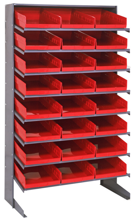 QPRS-110RD Pick Rack, slopped, single sided, 18"D x 36"W x 60"H, 400 lbs. capacity, includes: (8) shelves and (24) QSB110 red bins, galvanized steel