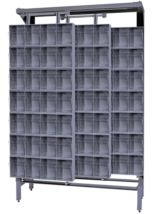 QS-304-28GY Free Standing Slider, 18"D x 48"W x 77"H, 2000 lbs load capacity, made of though 14 gauge steel, includes: (28) QTB304 tip out gray bins
