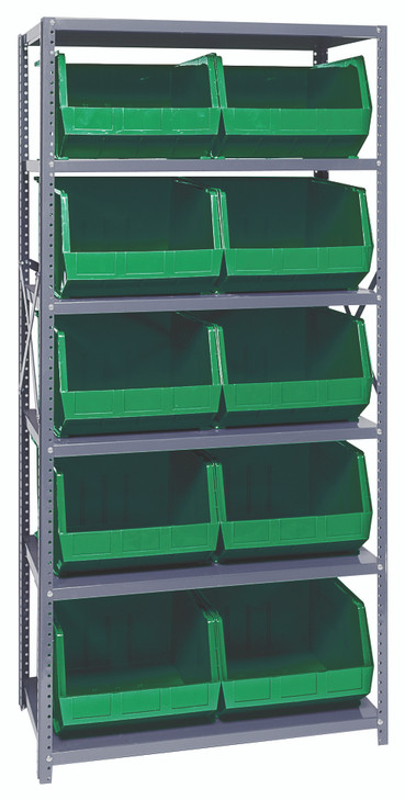 QSBU-270GN Shelving Unit, 18"D x 36"L x 75"H, heavy duty, 400 lb. load capacity per shelf, includes: (6) shelves and (10) QUS270 green bins, uprights and cross bars, galvanized steel finish