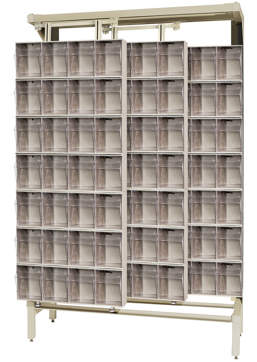 QS-304-28IV Free Standing Slider, 18"D x 48"W x 77"H, 2000 lbs load capacity, made of though 14 gauge steel, includes: (28) QTB304 tip out ivory bins